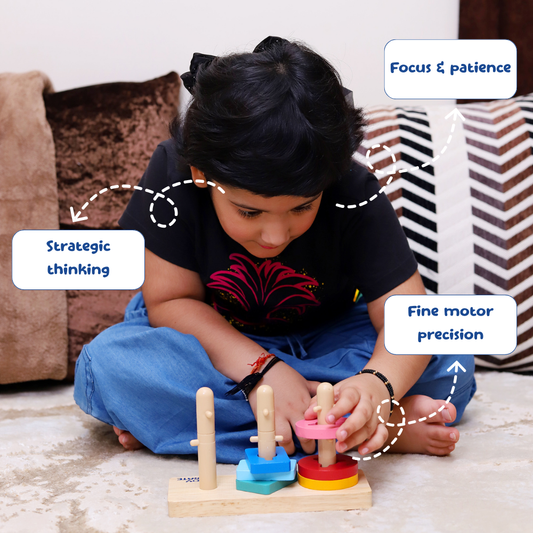 Child playing with a wooden educational toy, sitting on the floor with text labels on focus, patience, strategic thinking, and fine motor precision.