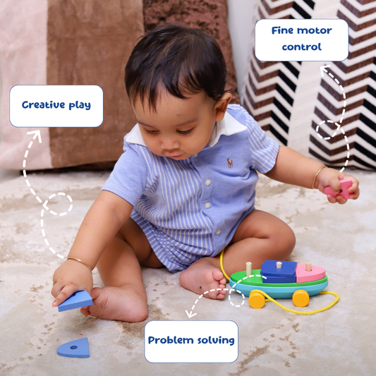 Wooden pull toy boat for toddlers stacking play