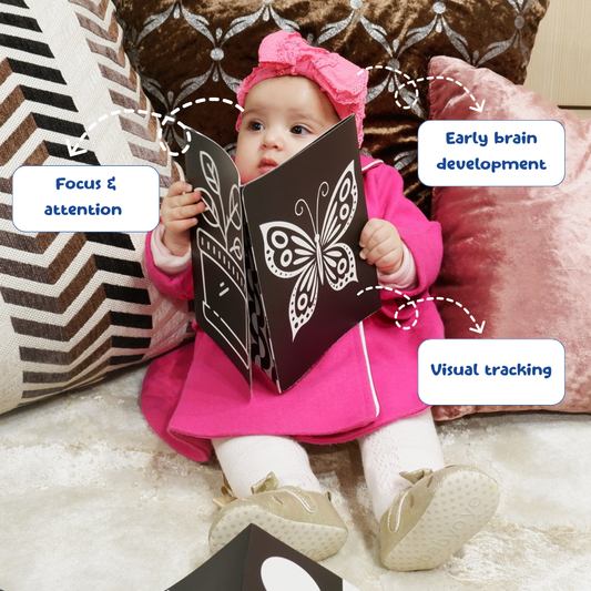 Baby in pink outfit holding a book with a butterfly design, surrounded by text labels on focus, attention, early brain development, and visual tracking.