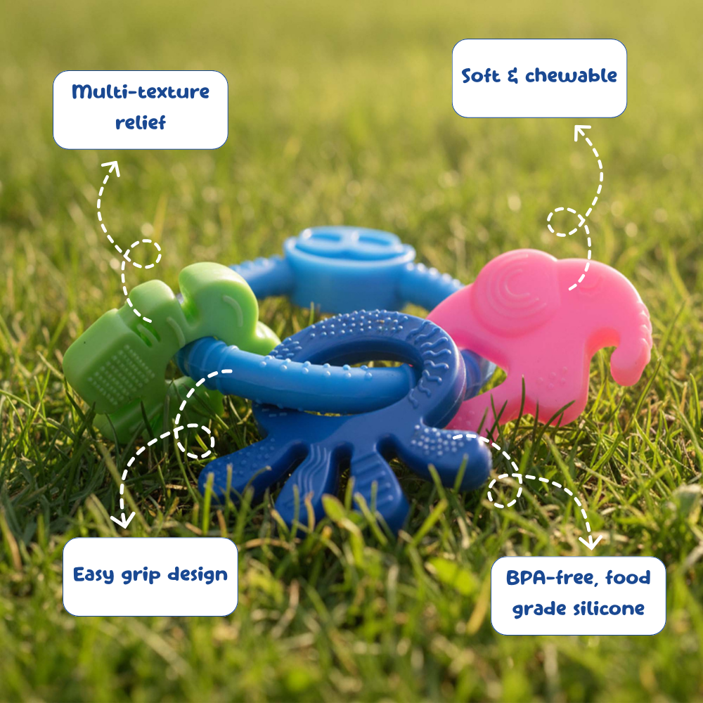 Colorful silicone teething toys on grass with text labels about features.