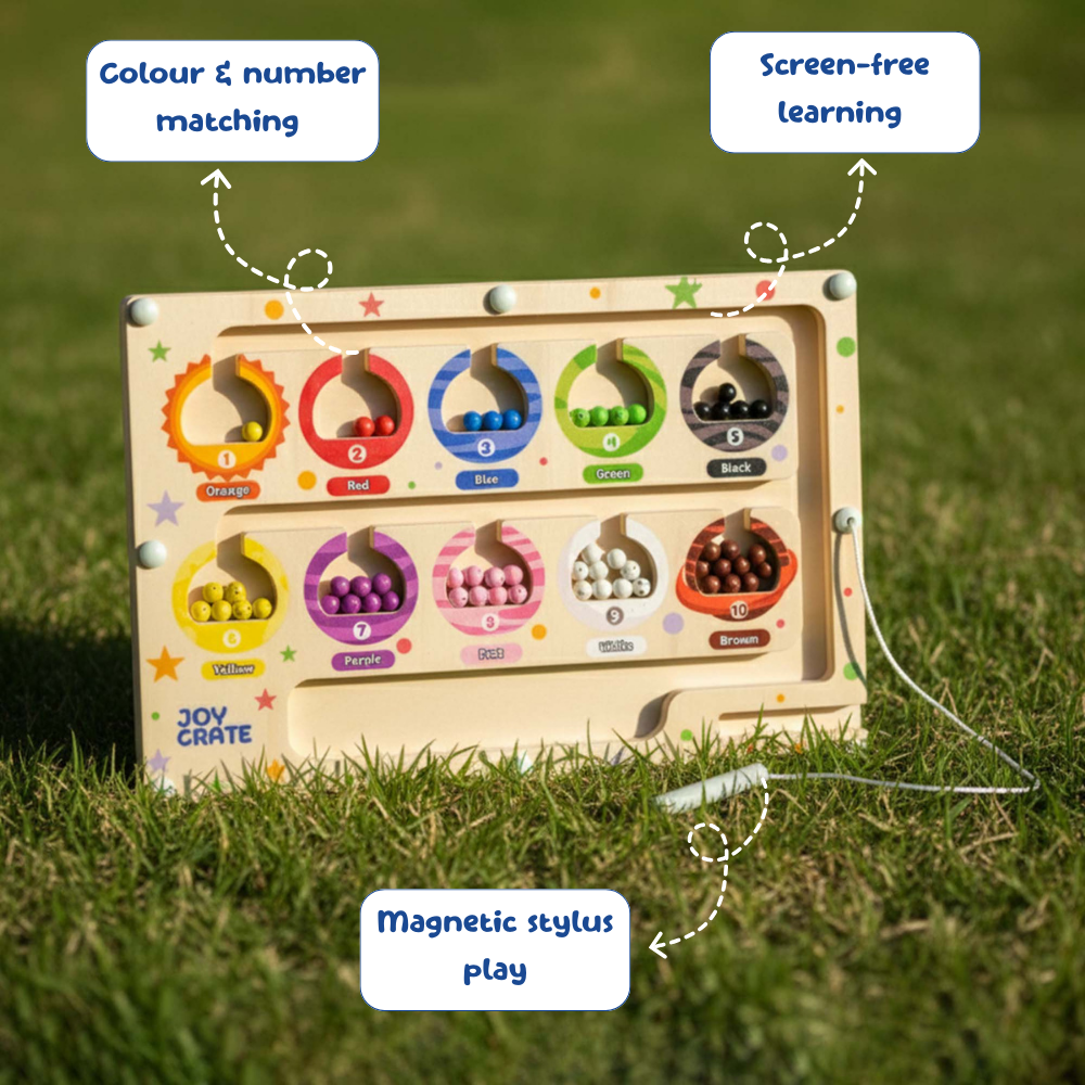 Wooden educational toy with colorful compartments on grass