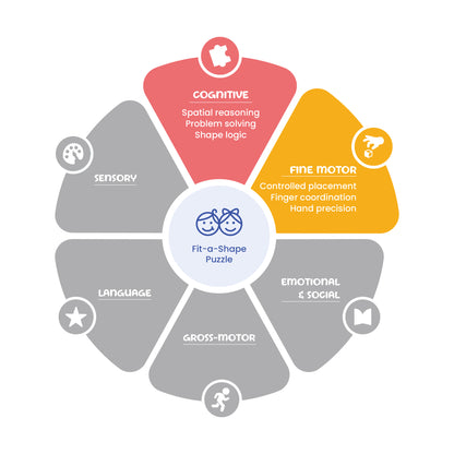 Diagram of cognitive, sensory, fine motor, language, gross motor, and emotional/social development with Fit-a-Shape Puzzle at the center.