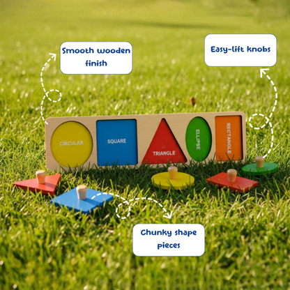 Wooden shape sorting toy with labeled features on a grassy background