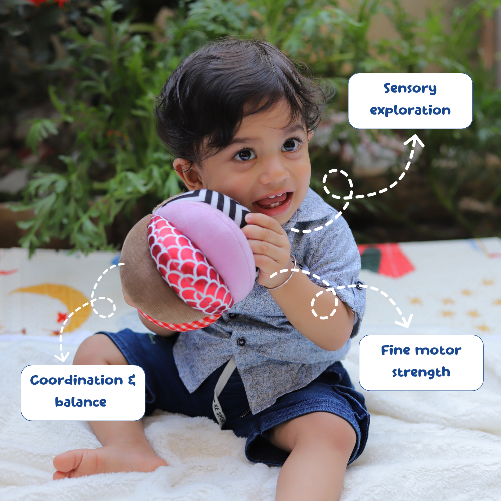 Child playing with a soft toy, surrounded by text labels on sensory exploration, coordination & balance, and fine motor strength.