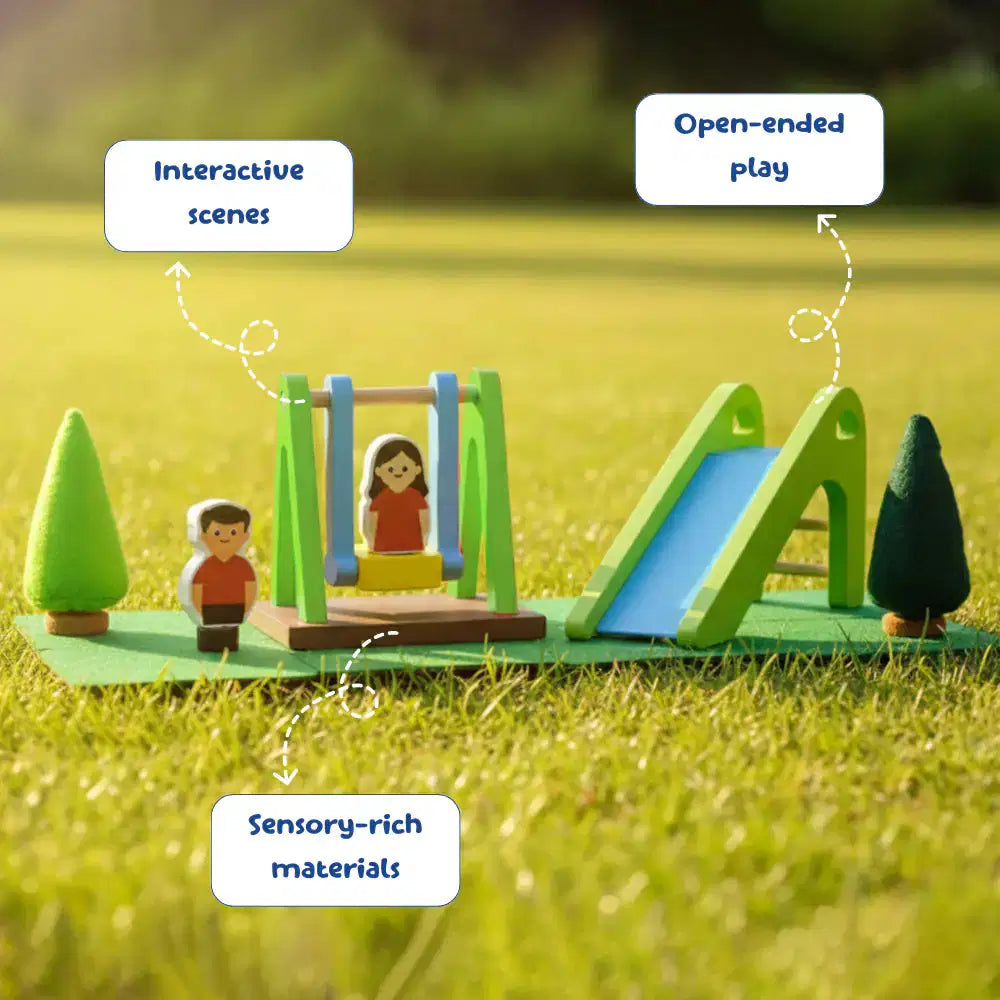 Toy playset with children on a swing and slide in a grassy field, labeled 'Interactive scenes', 'Open-ended play', and 'Sensory-rich materials'.
