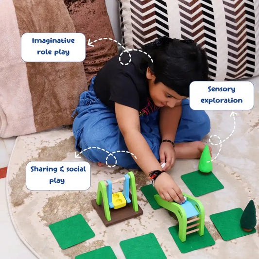 Child playing with educational toys (Joy Park) on a rug, highlighting imaginative role play, sensory exploration, and sharing/social play.