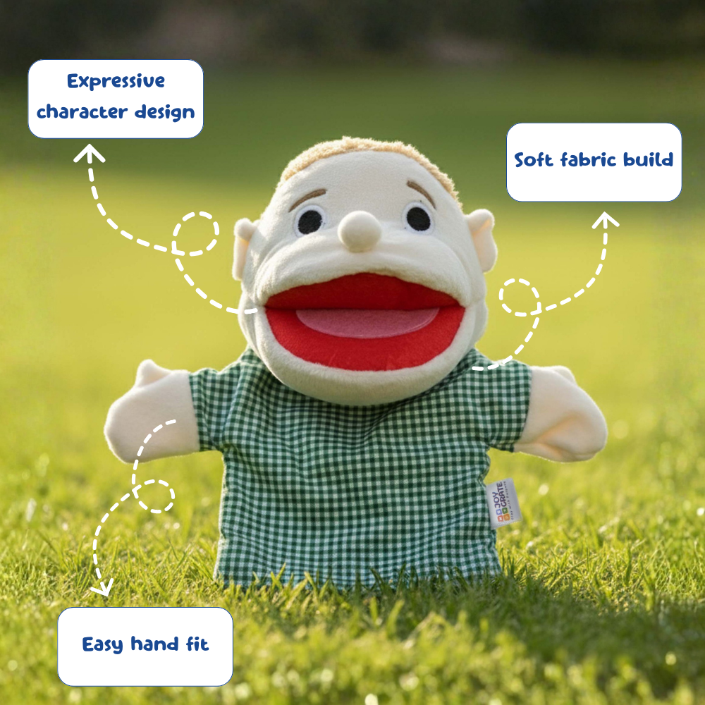 Puppet with text highlighting features on a grassy background