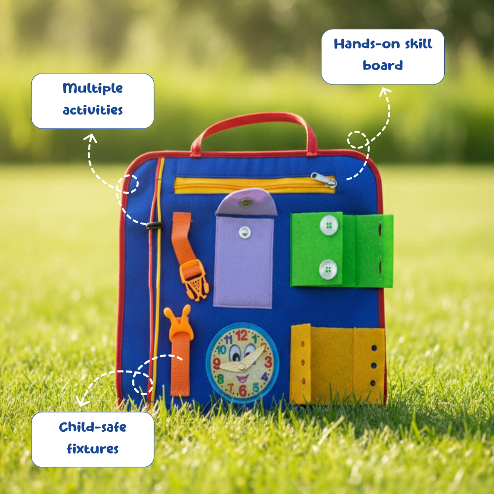 Toddler busy board toy for buttoning and zipper skills