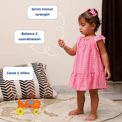 Child in a pink dress standing on a rug with educational text labels.