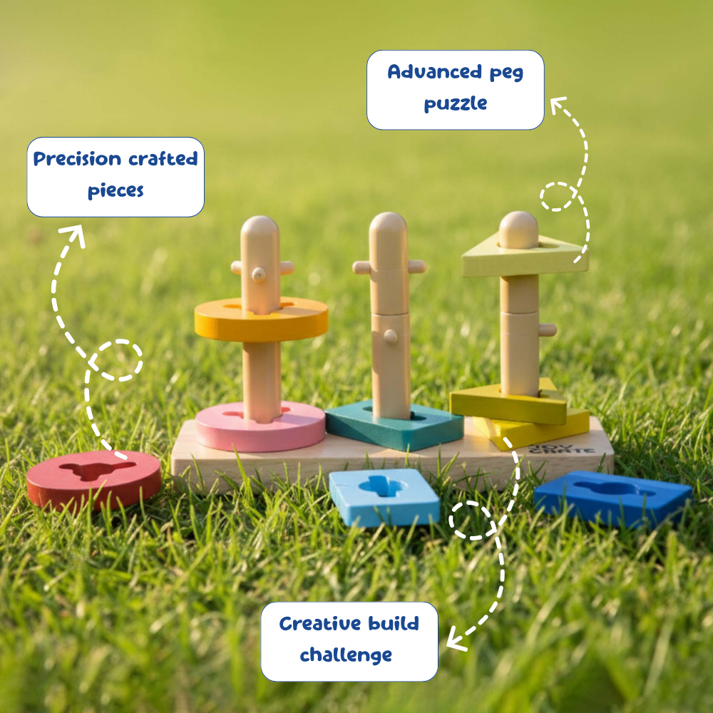 Wooden peg puzzle set on grass with labeled features