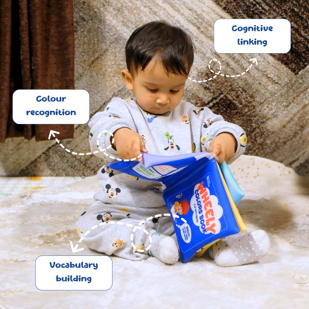 Child playing with a toy bucket and shovel, with educational labels on the screen.