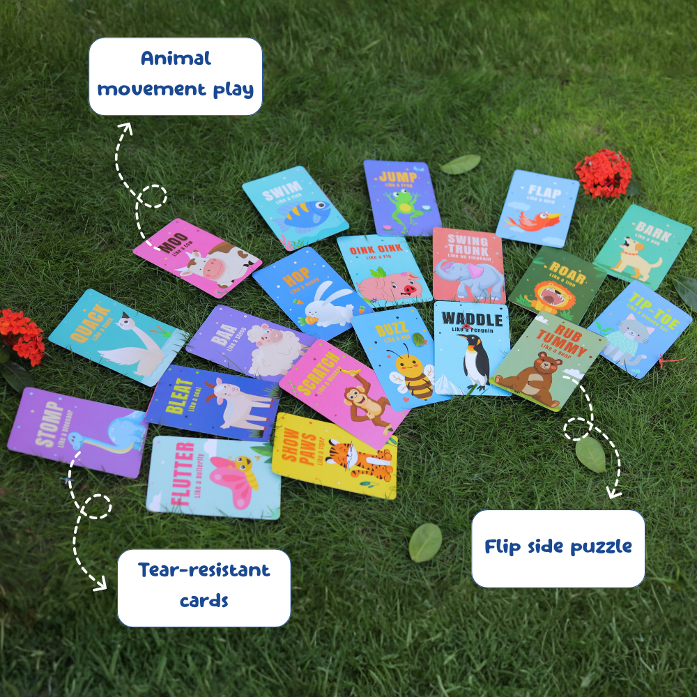 Set of colorful children's cards with animal illustrations on a grassy background