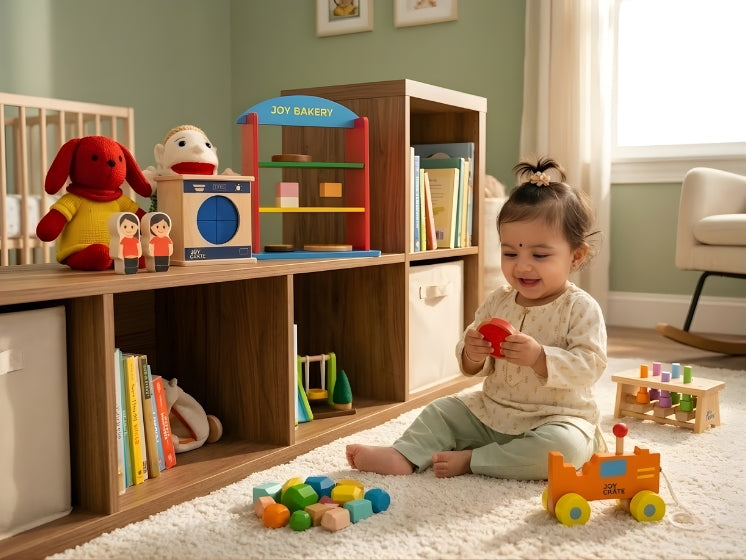 Child playing with toys in a room with a bookshelf and colorful toys on the floor.
