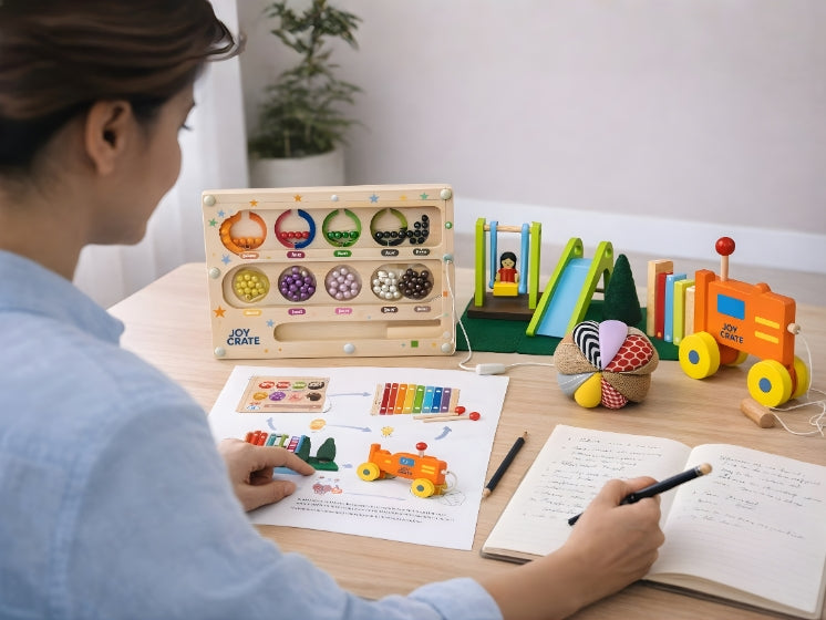 Person sitting at a table with educational toys and materials, including a wooden puzzle and coloring books.