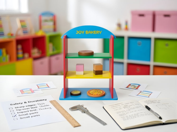 Toy bakery set up on a table with educational materials in a colorful classroom setting.