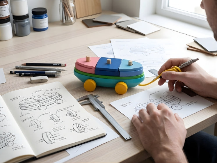 Person drawing with a colorful toy on a desk
