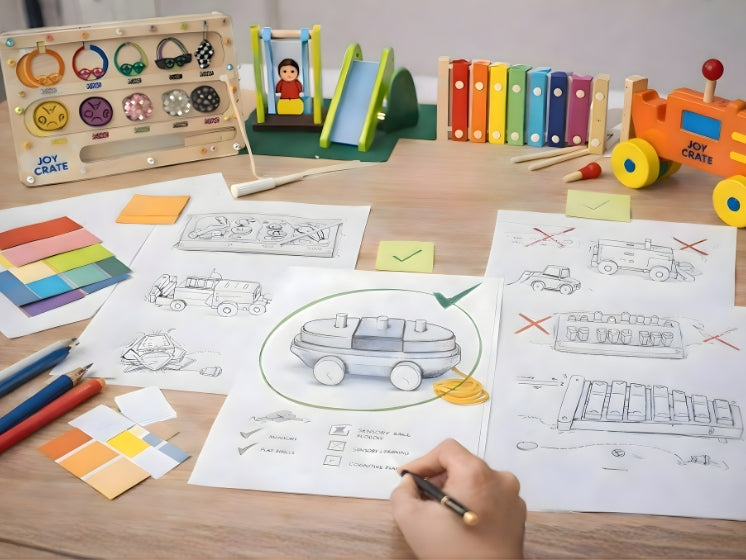 Children's toys and coloring pages on a table with a hand holding a pen.