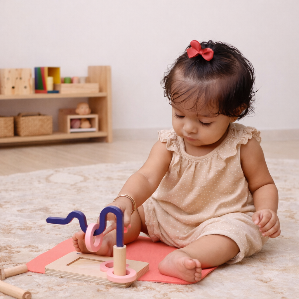 Child playing with educational toys on a wooden floor